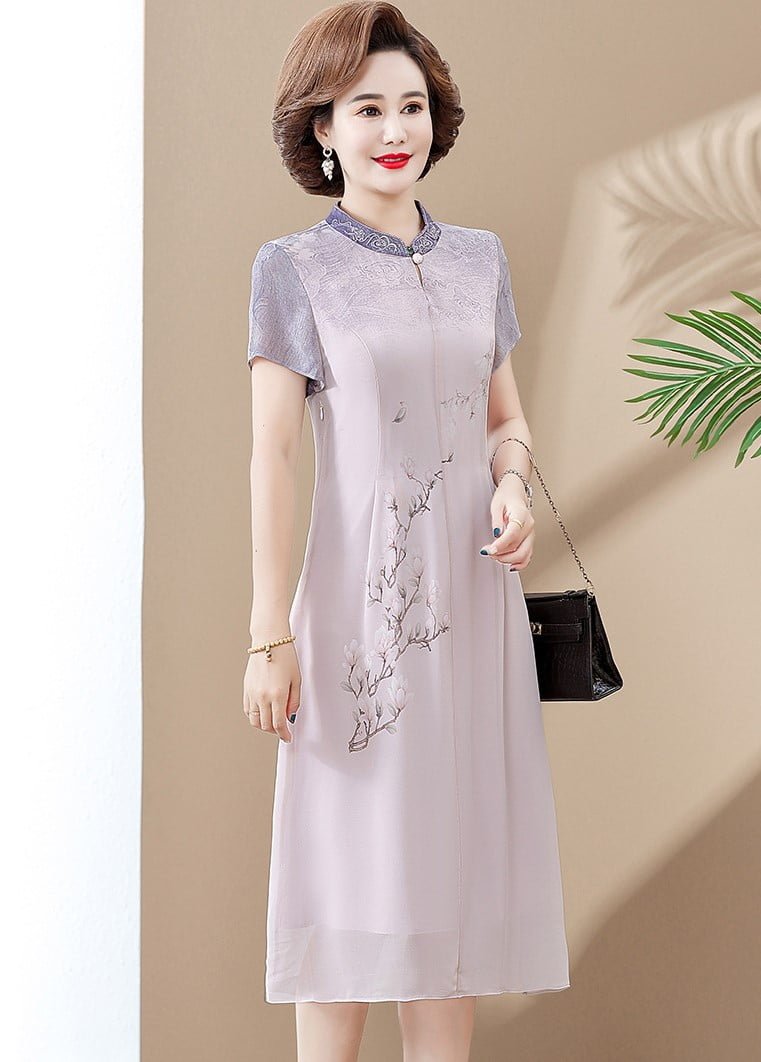 Short-Sleeved Chiffon Cheongsam Dress