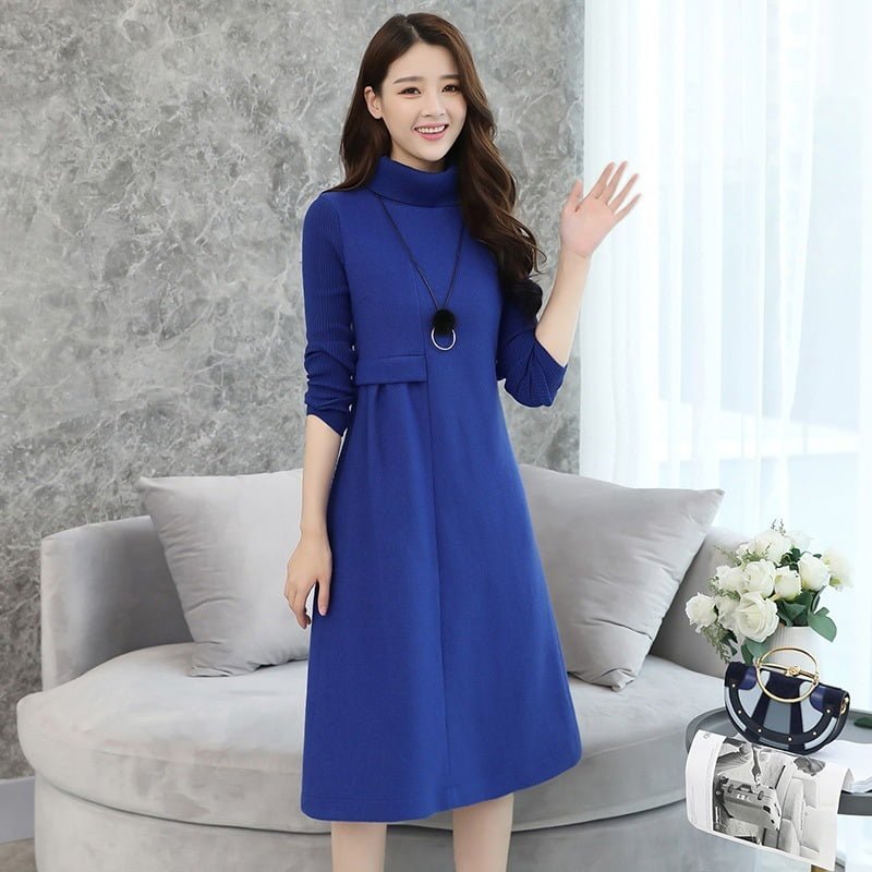 Korean Mid-Length Turtleneck Wool Dress