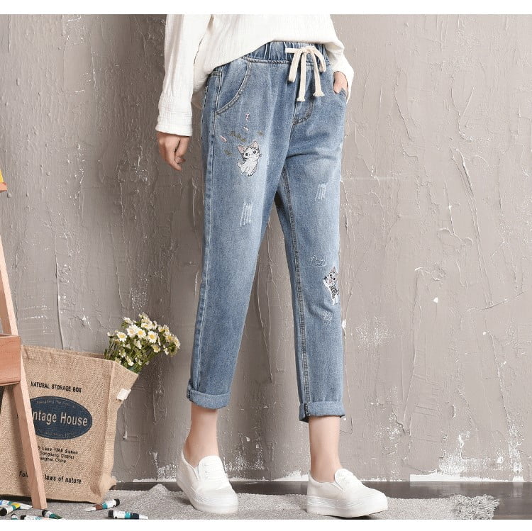 Elastic Waist Cat Jeans