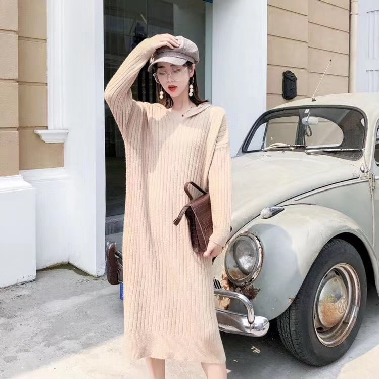 Hooded Oversize Knitted Midi Sweater Dress