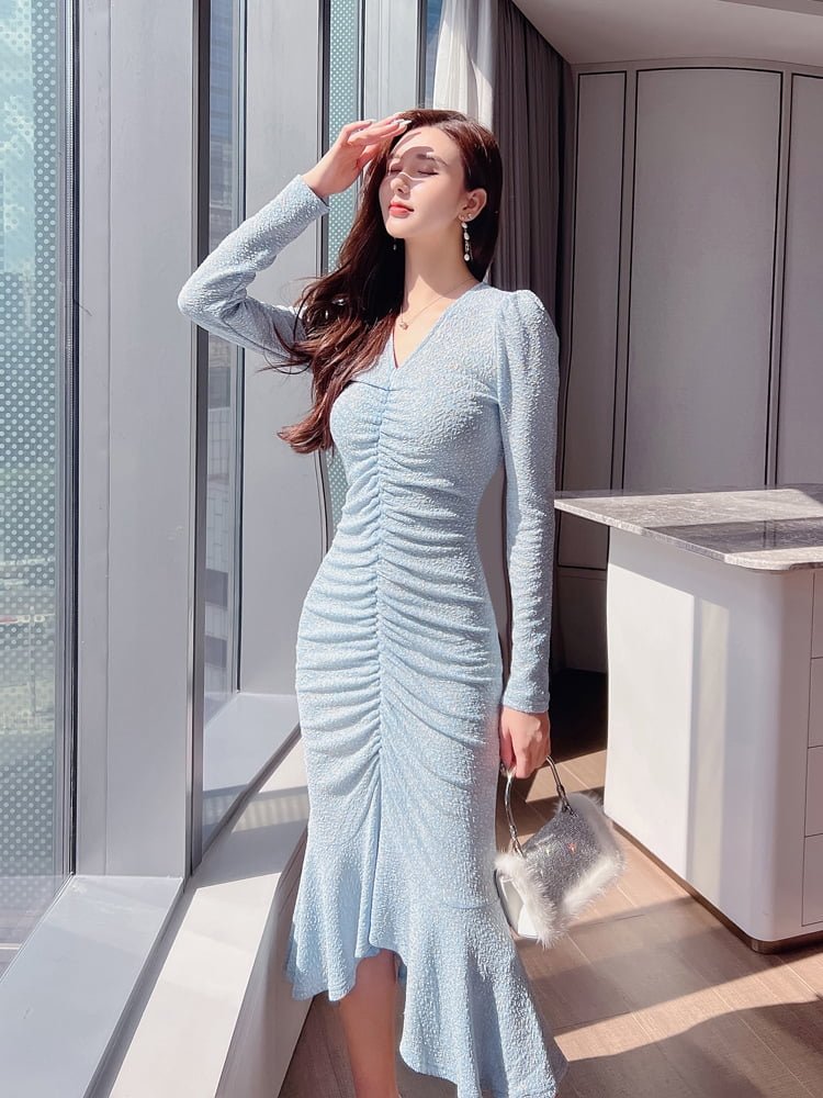 Ruched V-Neck Long Sleeve Ruffles Midi Dress