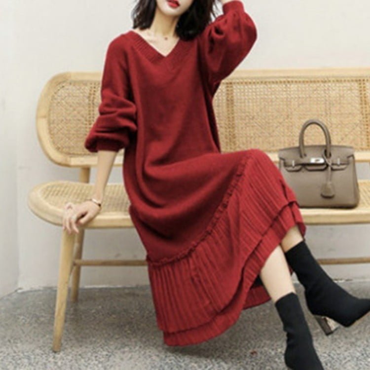 Korean Knitted V-Neck Long Puff Sleeve Sweater Dress