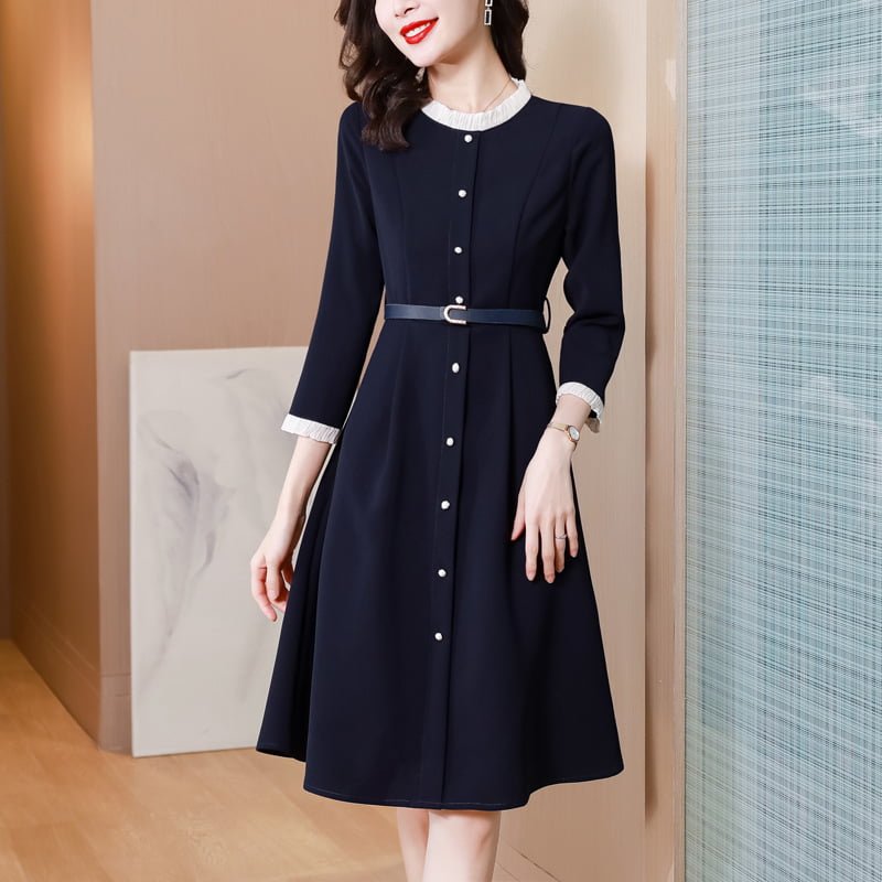 Ruffle Neck and Sleeve Belted Button Midi Dress