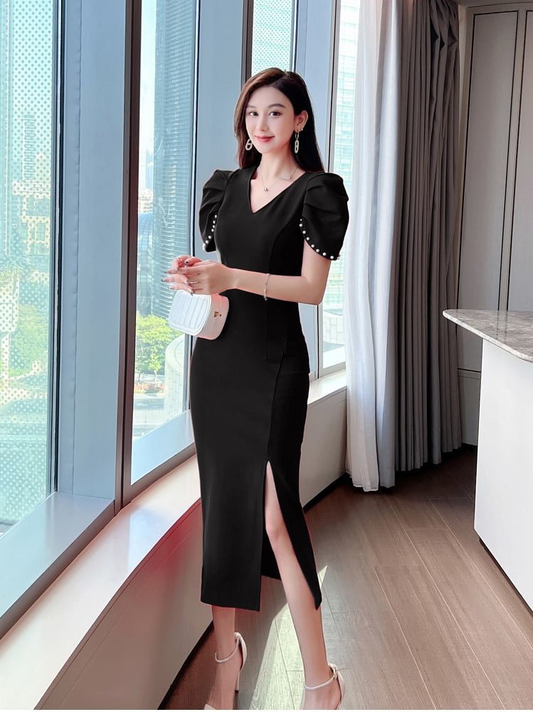 High Class Beads Studded Short Sleeve Midi Dress