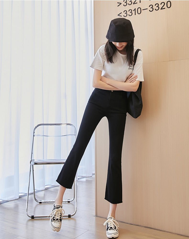Cropped High Waist Slightly Flared Stretch Pants