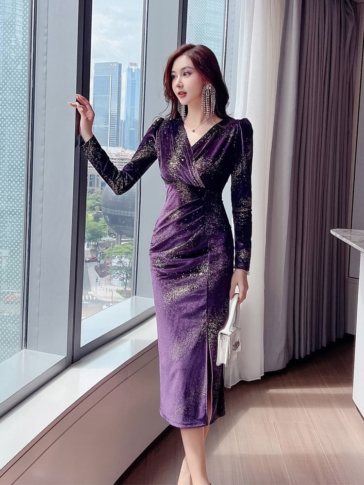 High-End Velvet V-Neck Long Sleeve Sequins Midi Dress