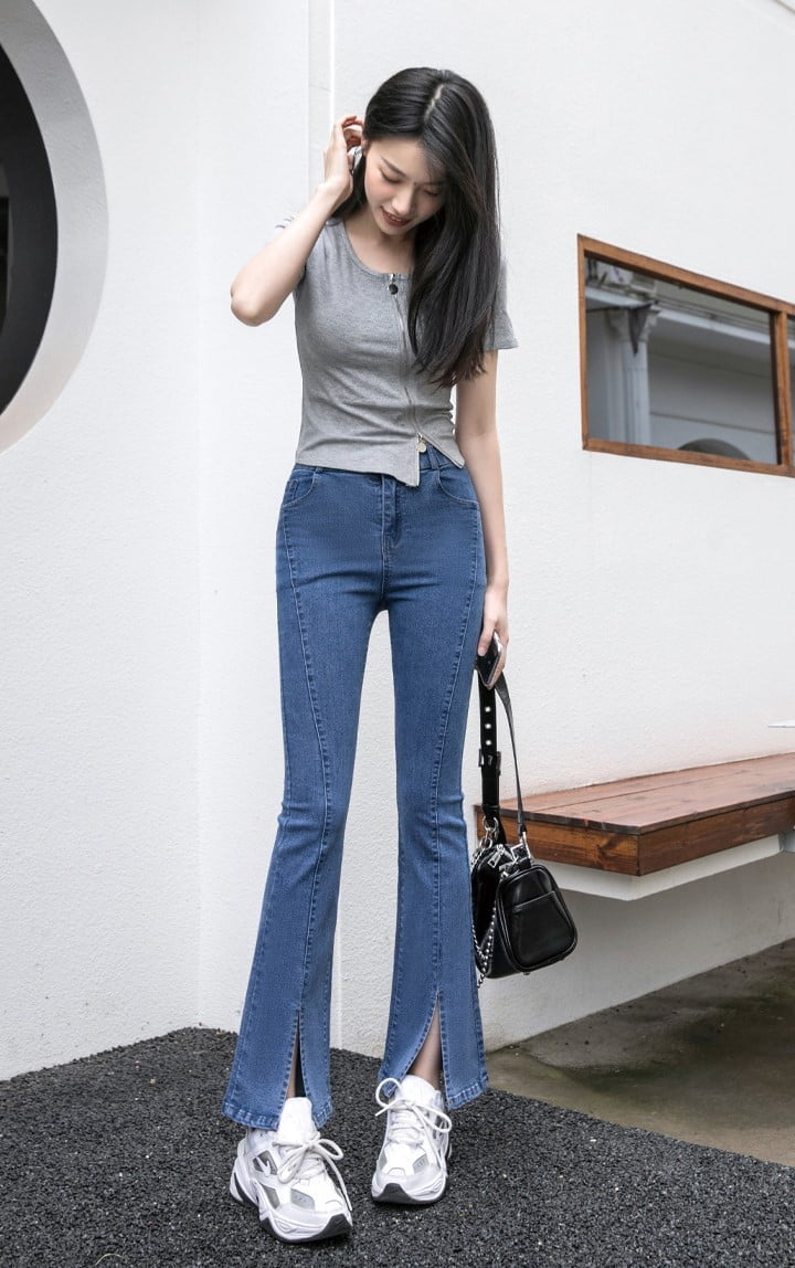 High Waist Stretch Slit Flared Jeans Plus Size