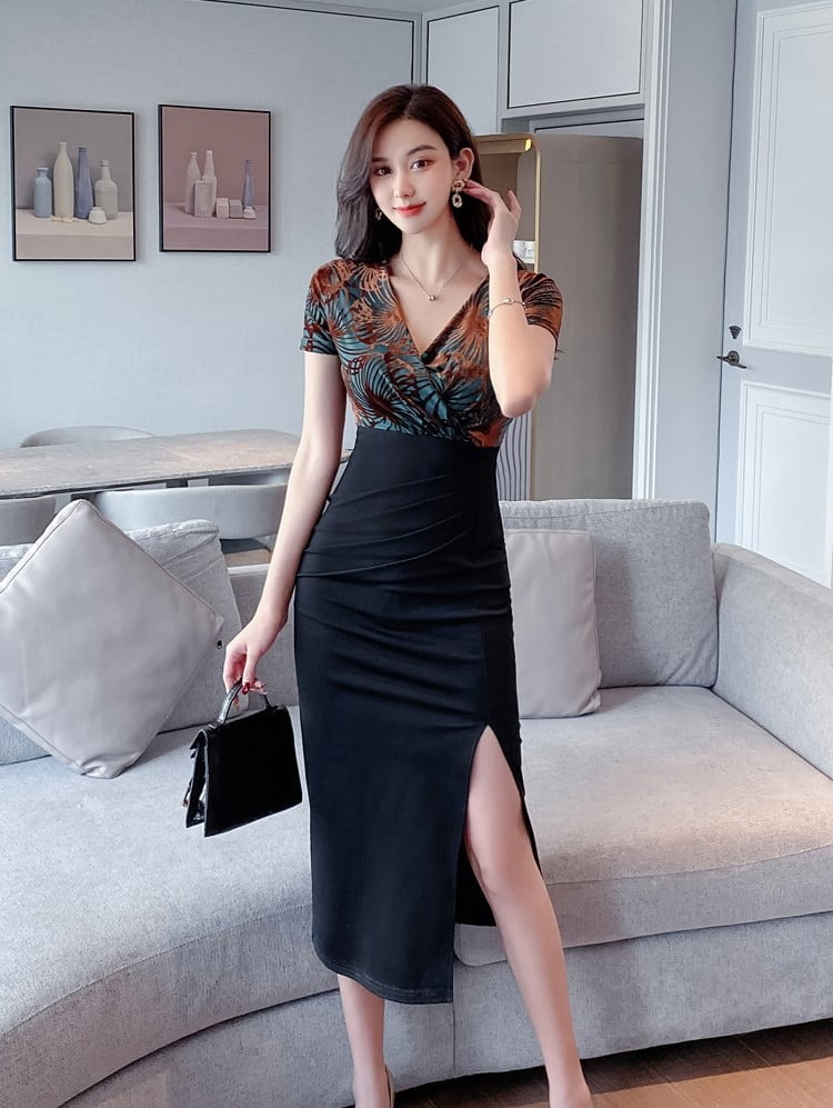 Velvet Short Sleeve High Slit Midi Dress