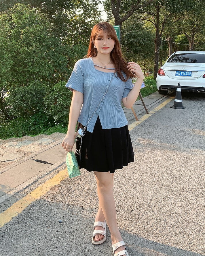 Korean Square Neck Short Sleeve Knitted Shirt