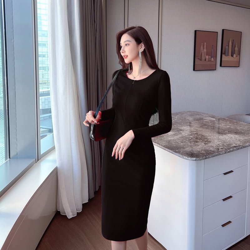 Elegant Round Neck Long Sleeve Midi Dress