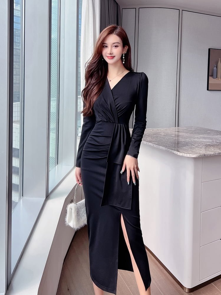 Strap Design V-Neck Long Sleeve Black Dinner Dress