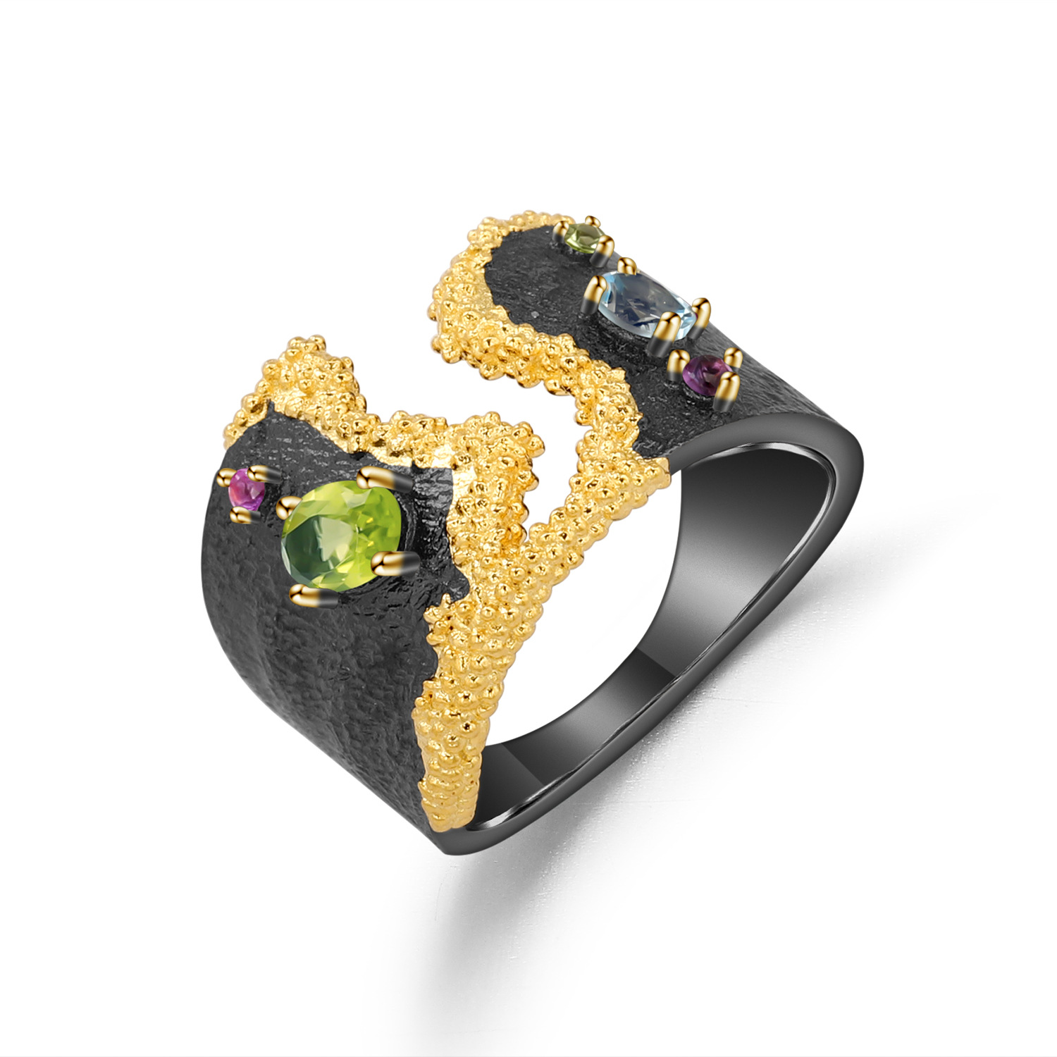 Assorted Gemstones 925 Sterling Silver Gold Plated Ring
