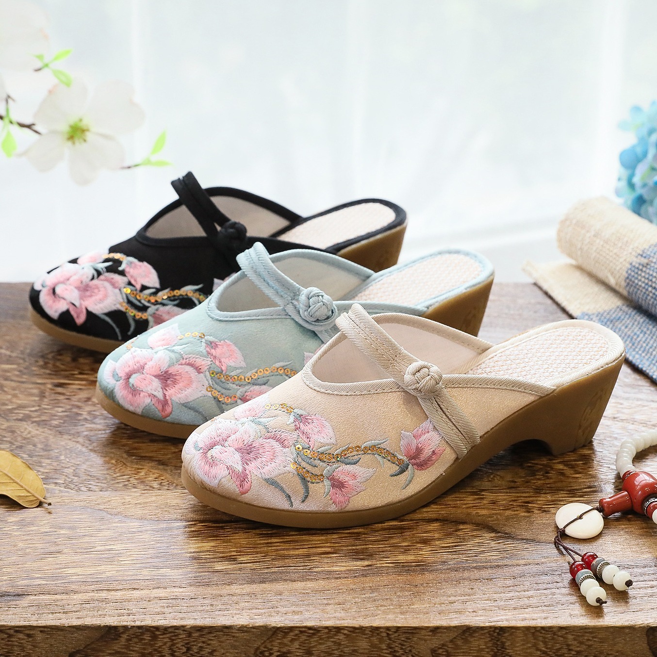 Embroidered Flora Wedge Heel Sandals